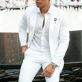 White slim fit two-piece men's cotton suit for wedding groomsmen, available in sizes XS to 5XL