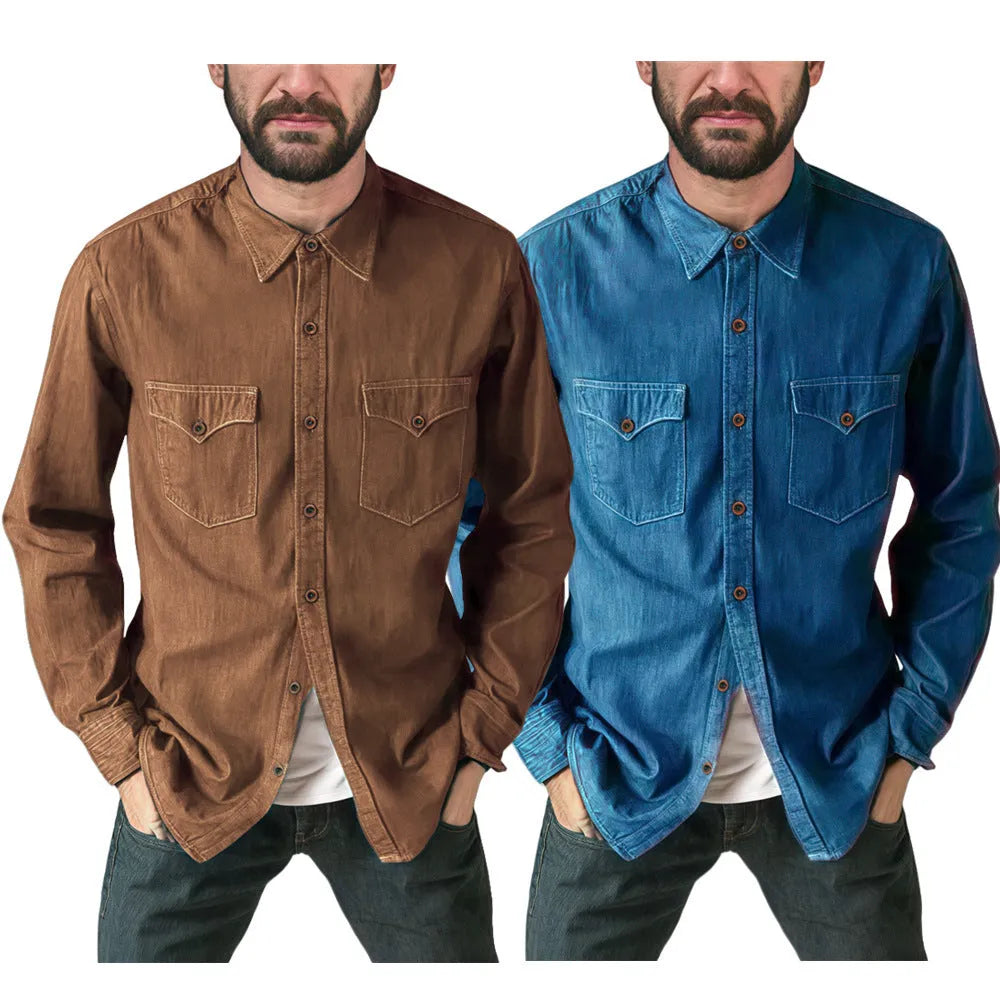 A cotton denim cardigan coat in a regular fit, shown on a hanger.
