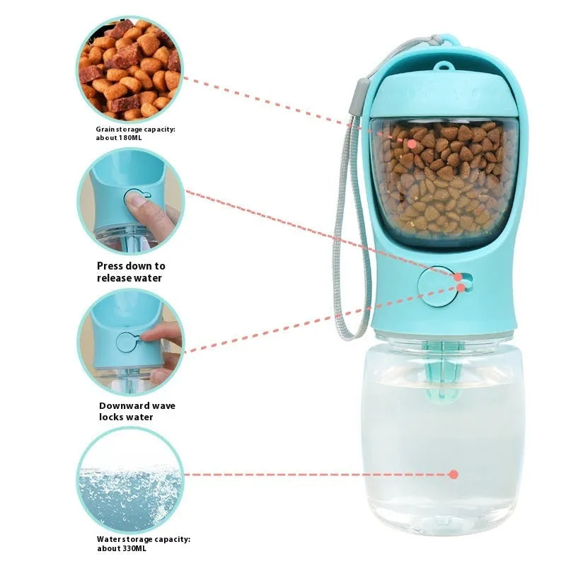 Portable blue dog water bottle with integrated drinking bowl showing split water grain design
