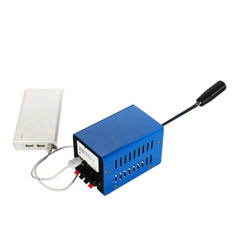 Blue metal hand crank USB emergency power generator showing handle and output ports