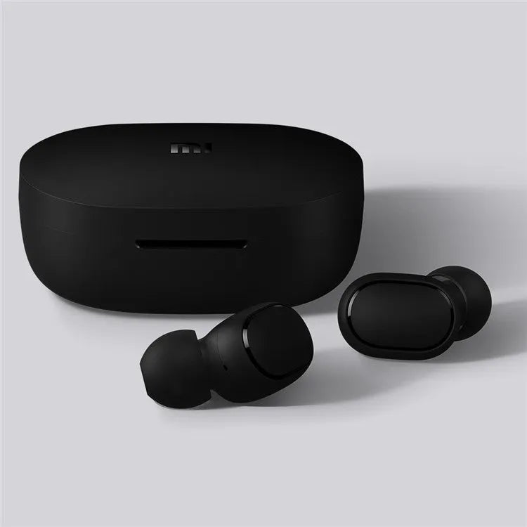 Redmi AirDots 2 Black true wireless earphones with their compact charging case.