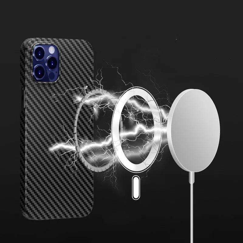 Magnetic hard fibre phone case for iPhone13 Pro Max in fine hole black grey with carbon fibre texture