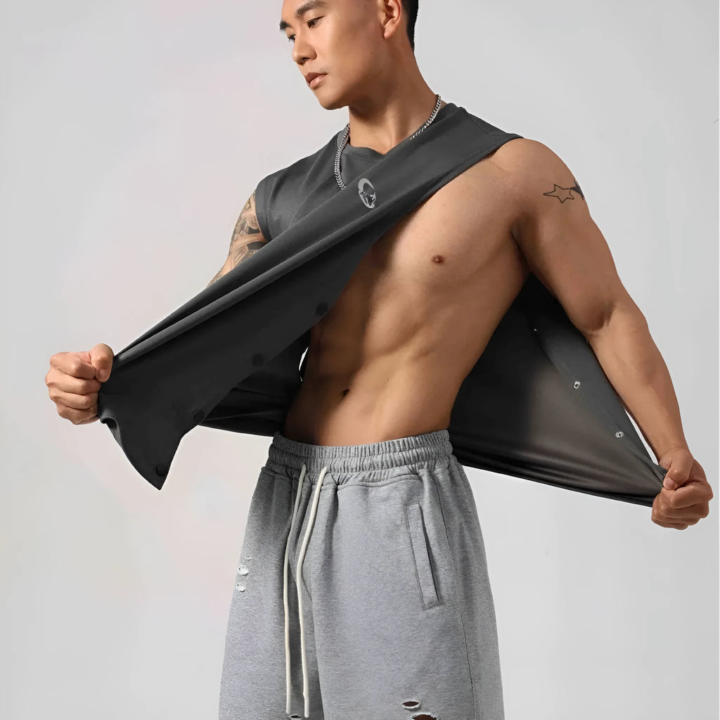 Korean style men's loose cotton fitness vest with hidden hook side openings in black, blue, grey, or white.