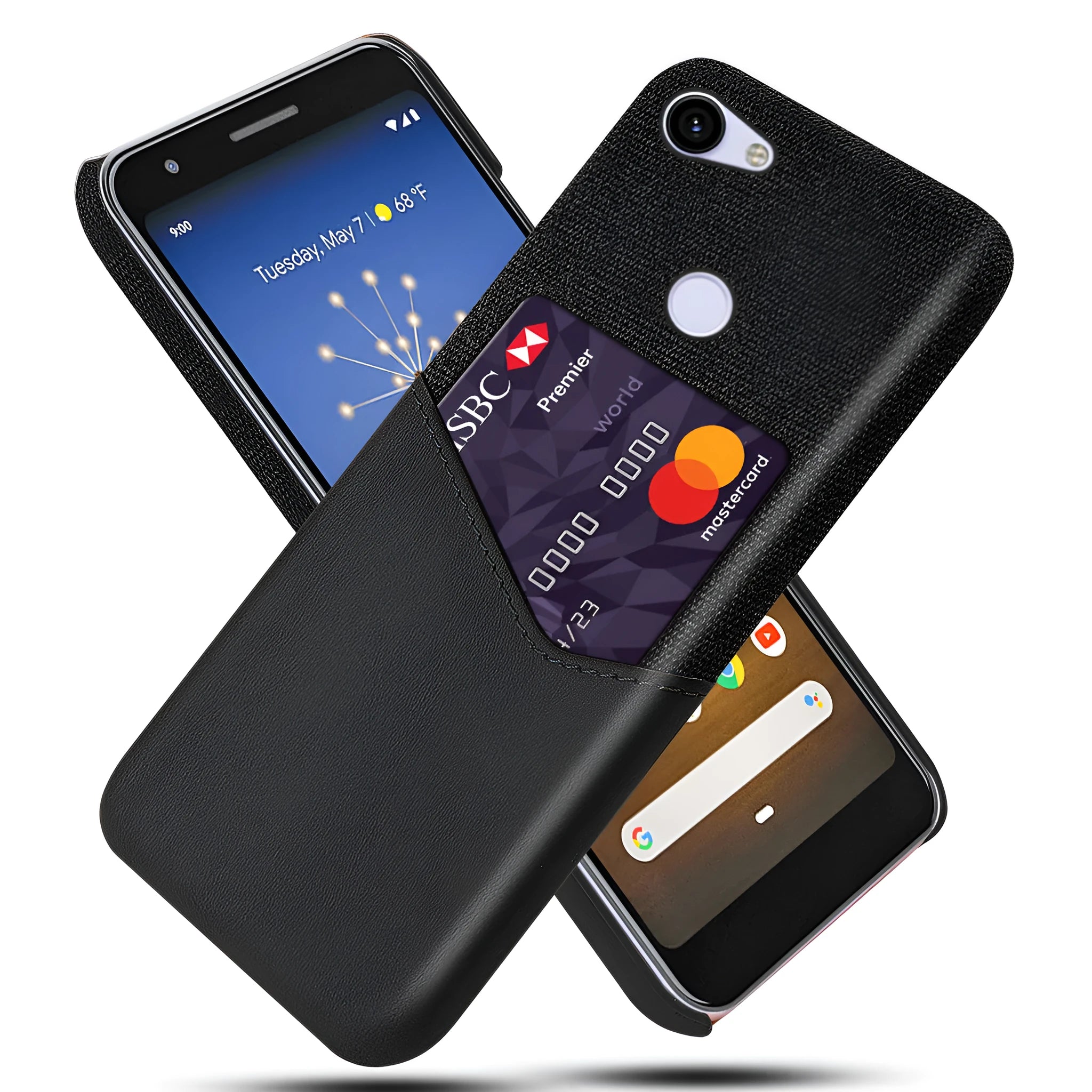 A black leather Google Pixel mobile phone case showing a plain back cover design.