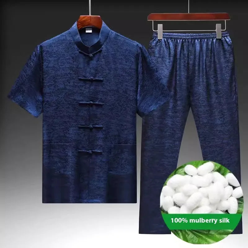Men's traditional Chinese Tang suit in mulberry silk, available in light green, navy blue, and white.