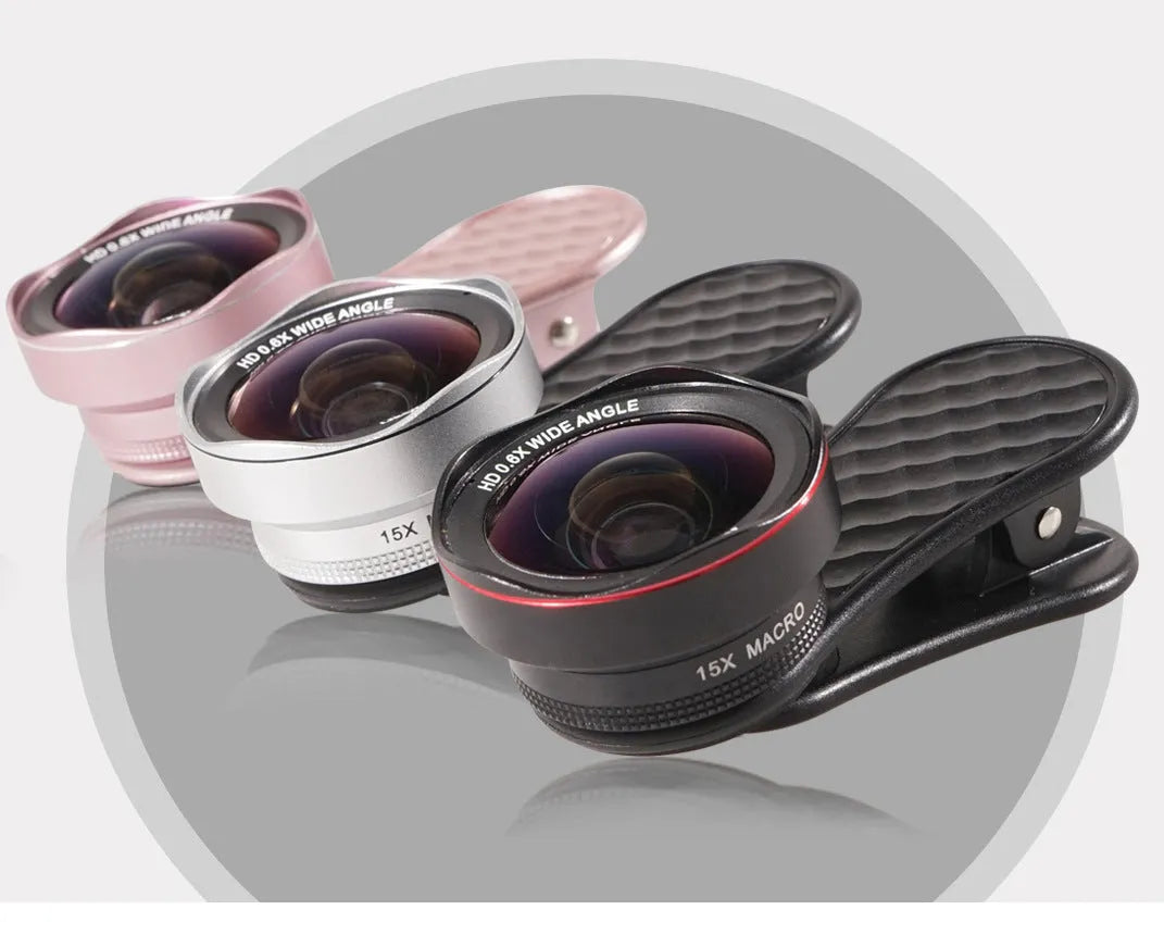 Mobile phone wide-angle and macro lens kit with clip and storage case in black, silver and rose gold
