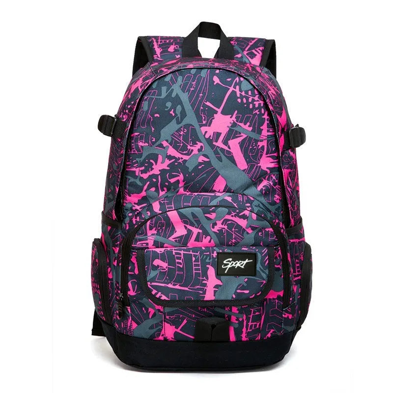 Blue and red classic nylon backpack with large capacity for school, travel, and outdoor use.