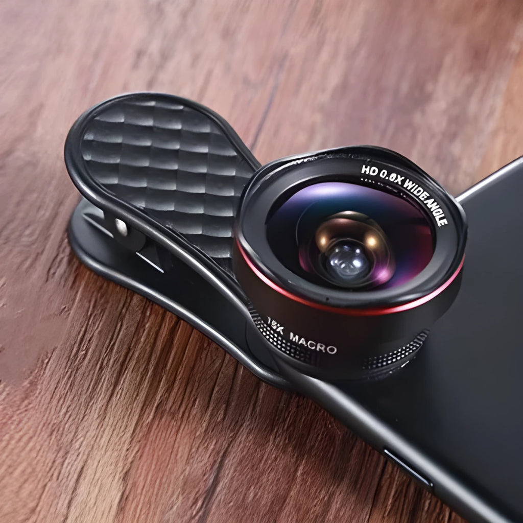 Mobile phone wide-angle and macro lens kit with clip and storage case in black, silver and rose gold
