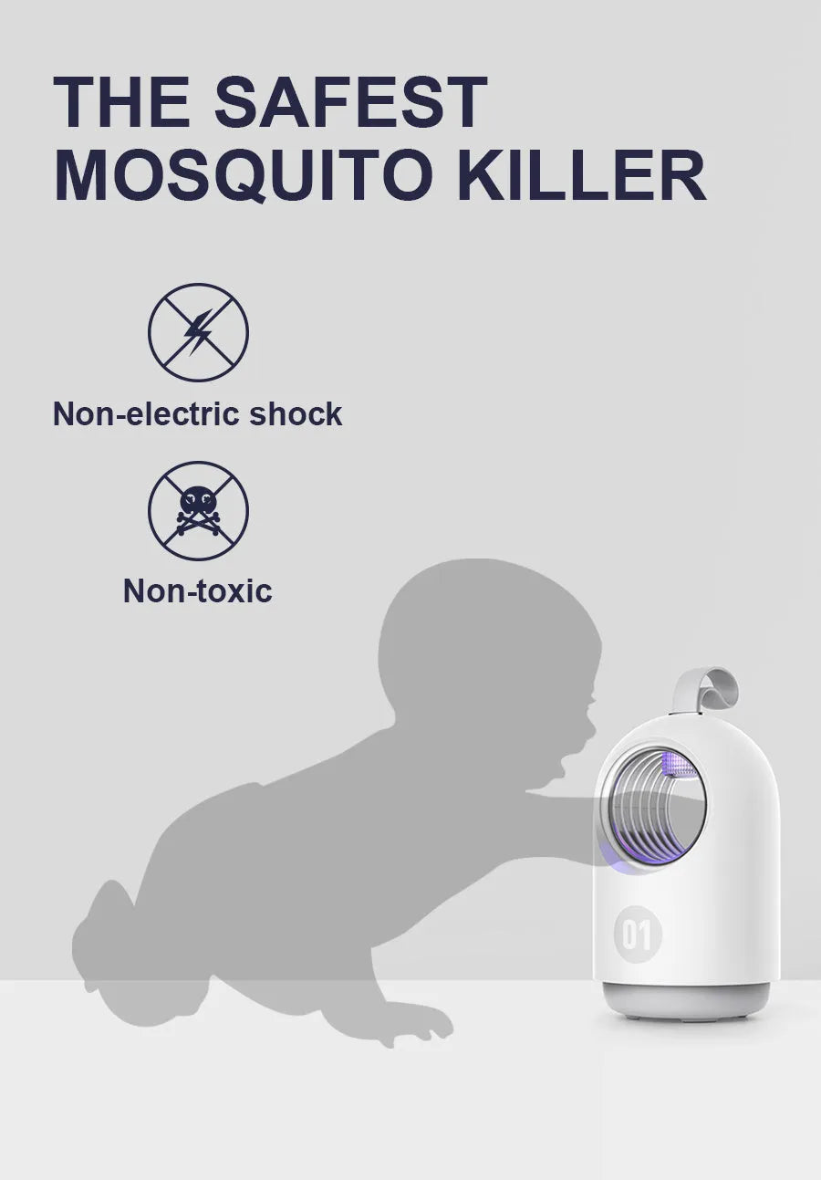 White indoor mosquito killer lamp with blue UV light and a top carry handle on a table