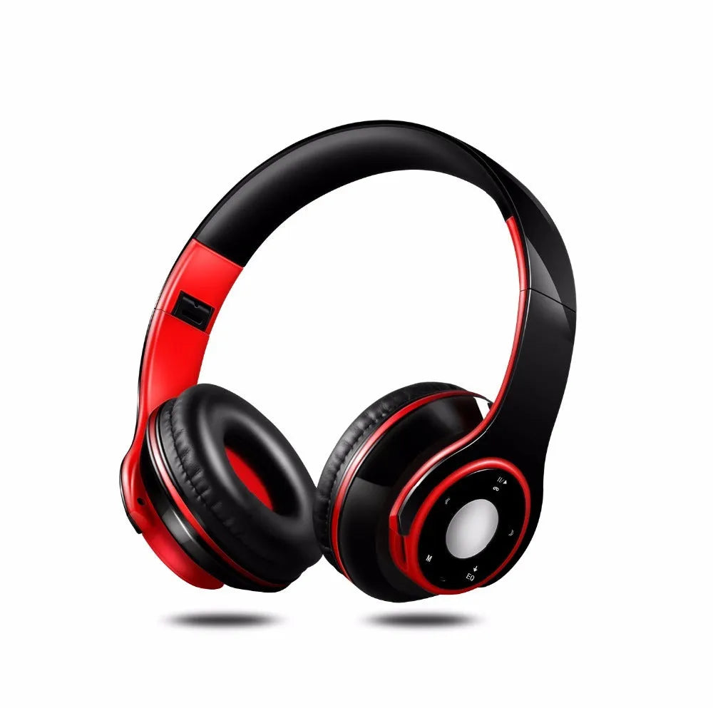 Foldable wireless Bluetooth headset shown in blue, with adjustable hinges and an SD card slot.