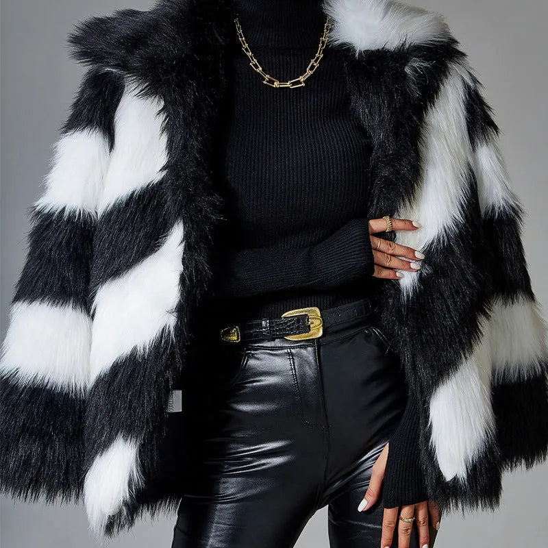 Women's lapel contrast colour coat with faux fur collar in picture colour, shown on model.