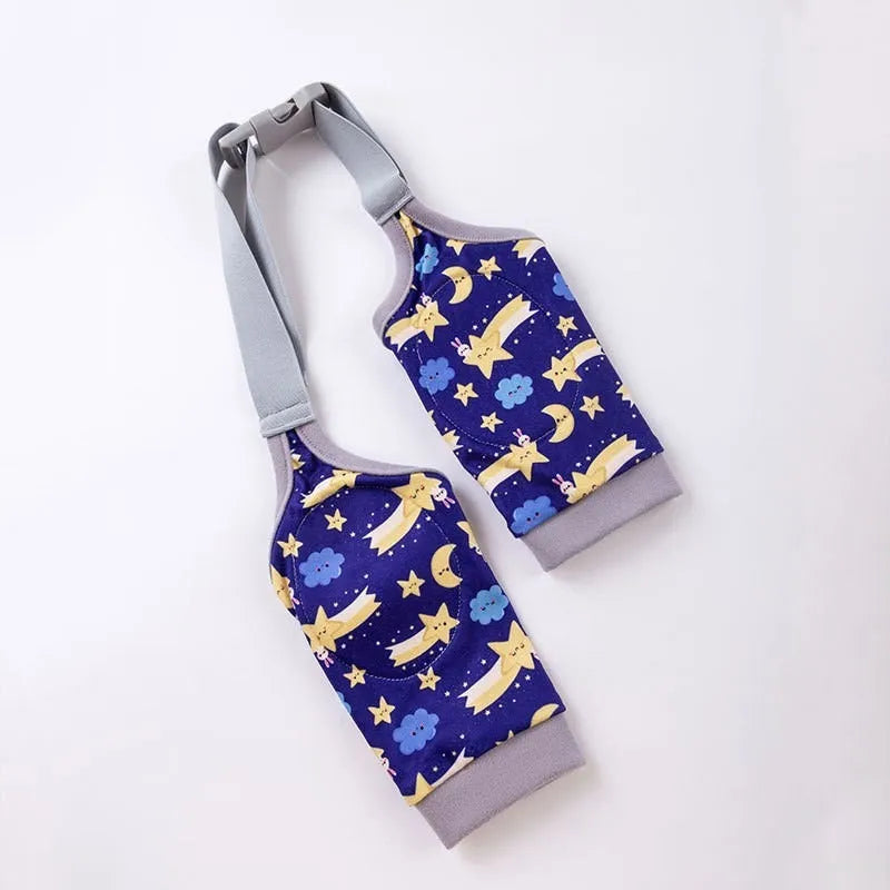 Blue dog knee protector with adjustable straps and matching scarf on medium-sized dog