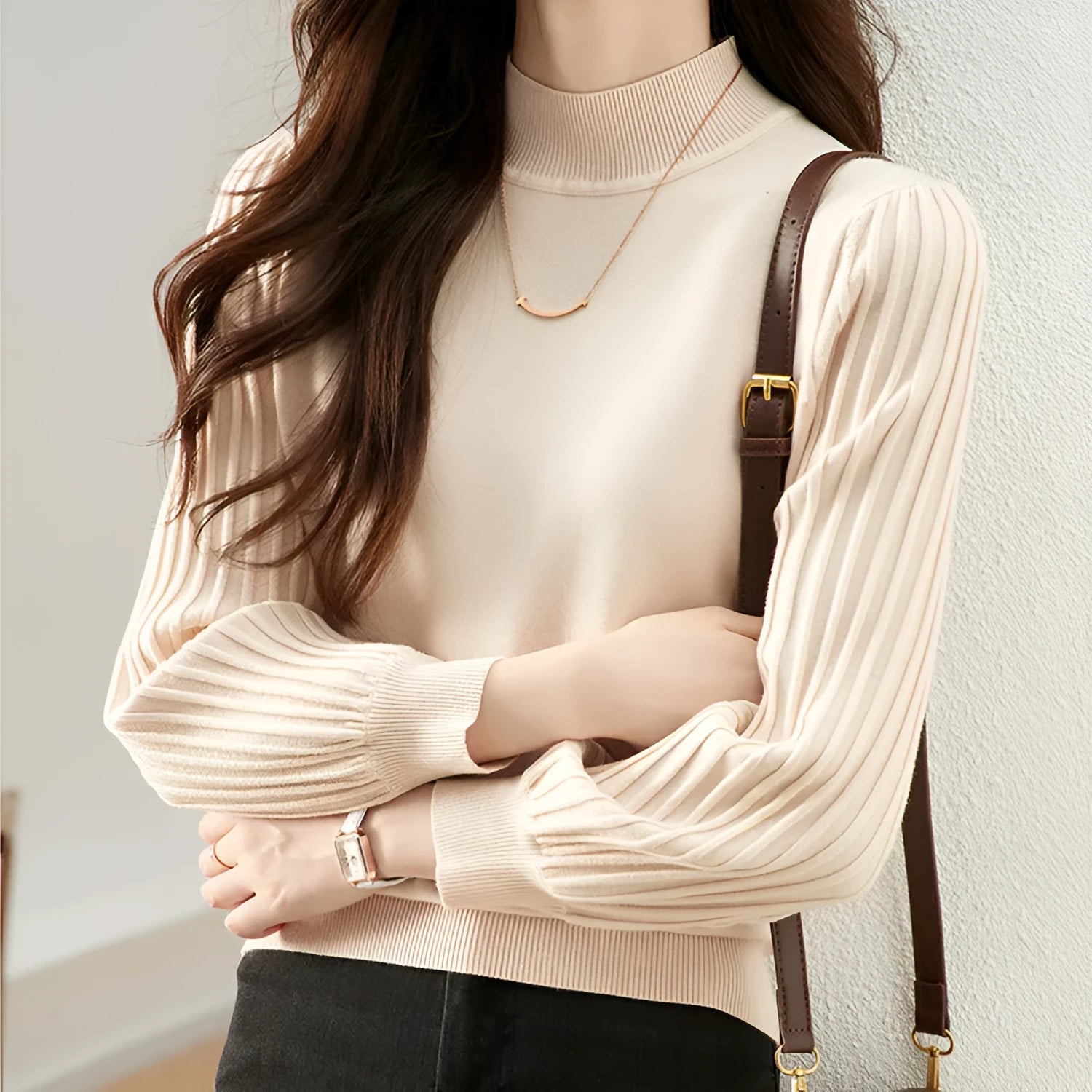 Slim fit half turtleneck shirt in apricot colour with sunken stripe detail and regular sleeves.