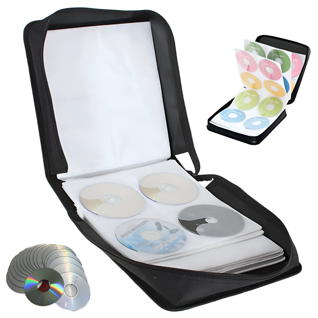 Black oxford cloth CD DVD storage organiser bag with zipper and top carry strap.