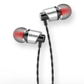 Wired in-ear earphones with a 3.5mm plug, built-in microphone, and TPE cable in black, blue, or red.