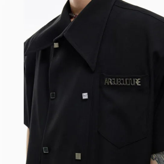 Men's loose casual summer short-sleeved shirt with splicing details and lapel collar in three colour options