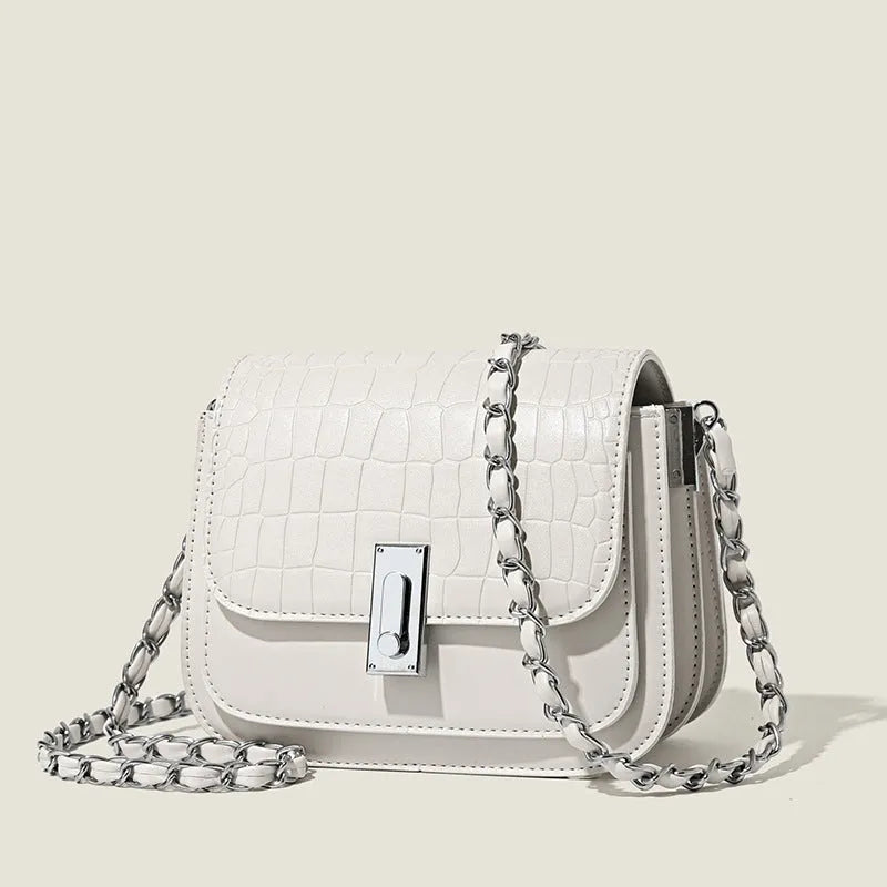 Women's soft black PU square shoulder bag with chain strap and external pocket