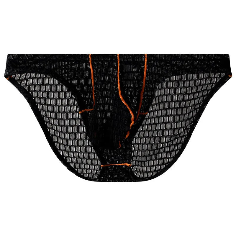 Men's white ice silk lace low waist briefs on a plain background