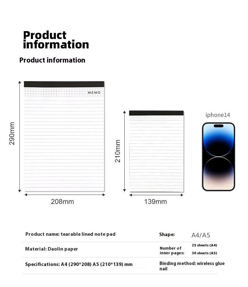 A4 tearable grid notebook with ivory white pages and paper cover for meeting minutes