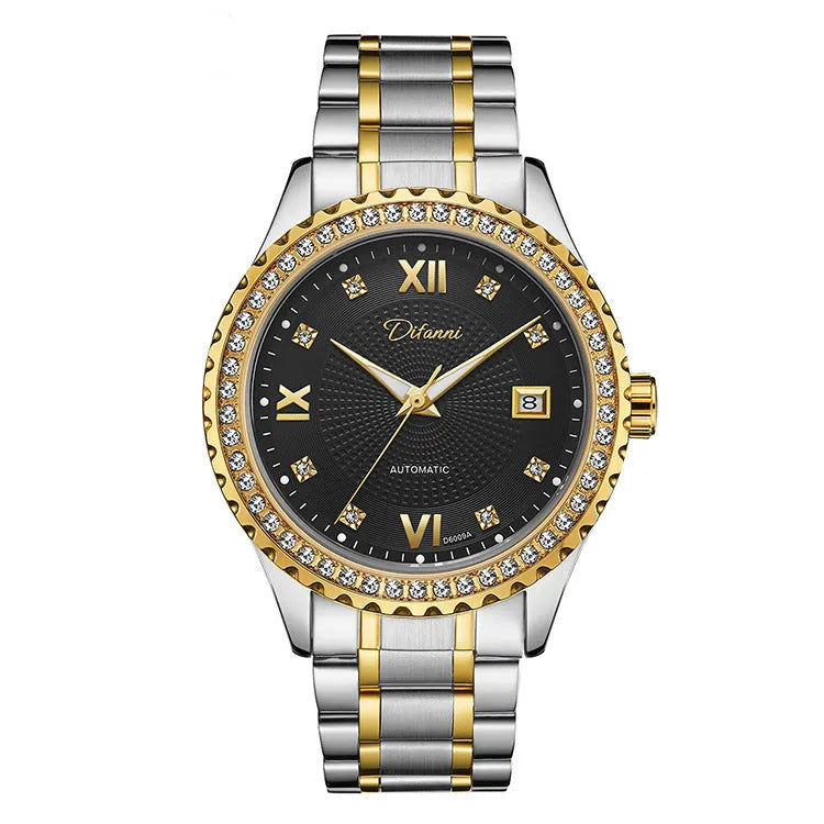 Fashionmonger automatic mechanical watch with luminous hands on wrist showing gold case and black dial