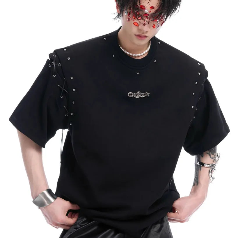 Black short sleeve T-shirt with a lace-up cutout detail on the front.