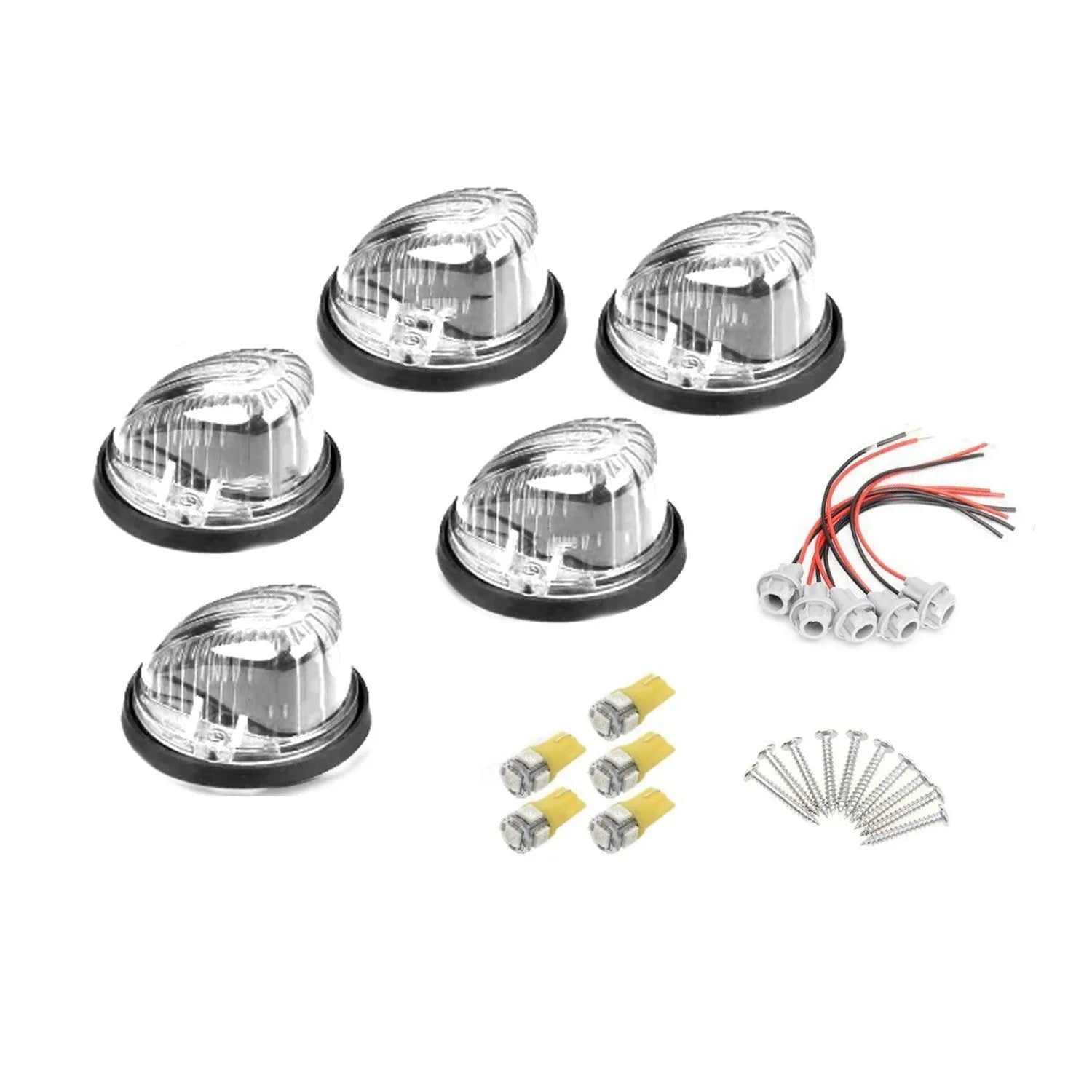 Five-pack of 12V LED roof cab marker lights with yellow, clear, and smoked black polycarbonate lenses.