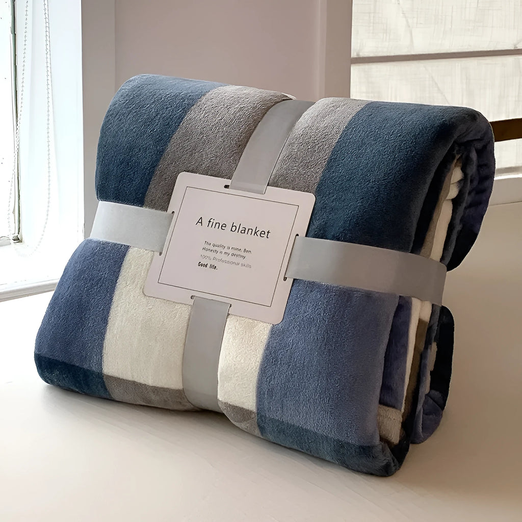 Thickened polyester fleece blanket in gray blue checked pattern as sofa cover