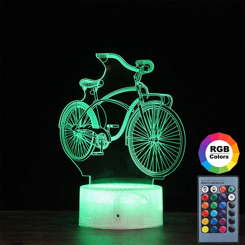 3D night light bicycle series with acrylic shade, black base, USB powered