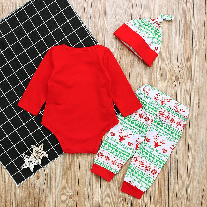 Red cotton long sleeve letter jumpsuit three-piece baby crawling suit set with hat and pants on white background