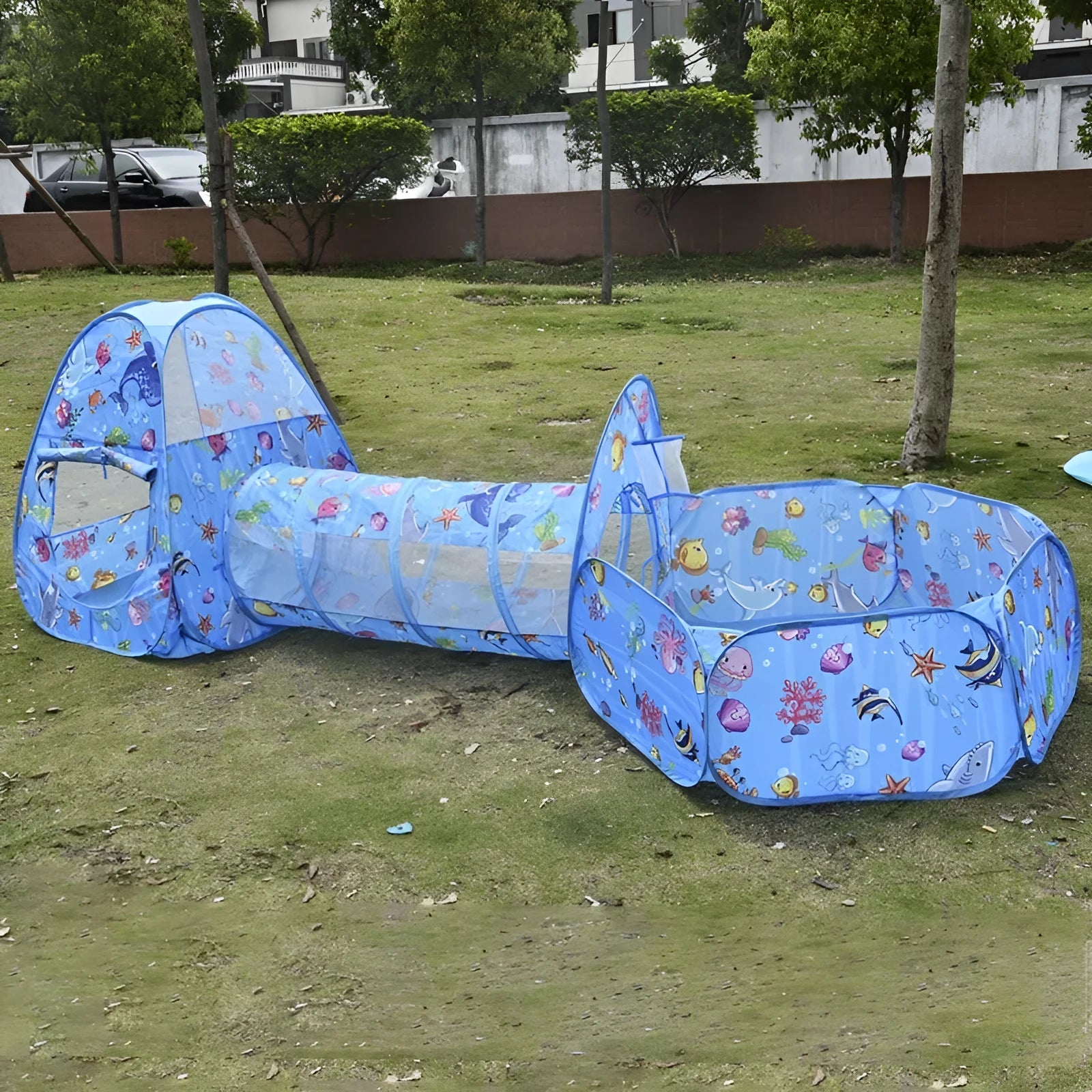 Cartoon marine themed three-in-one children's fabric play tent with ball pool tunnel