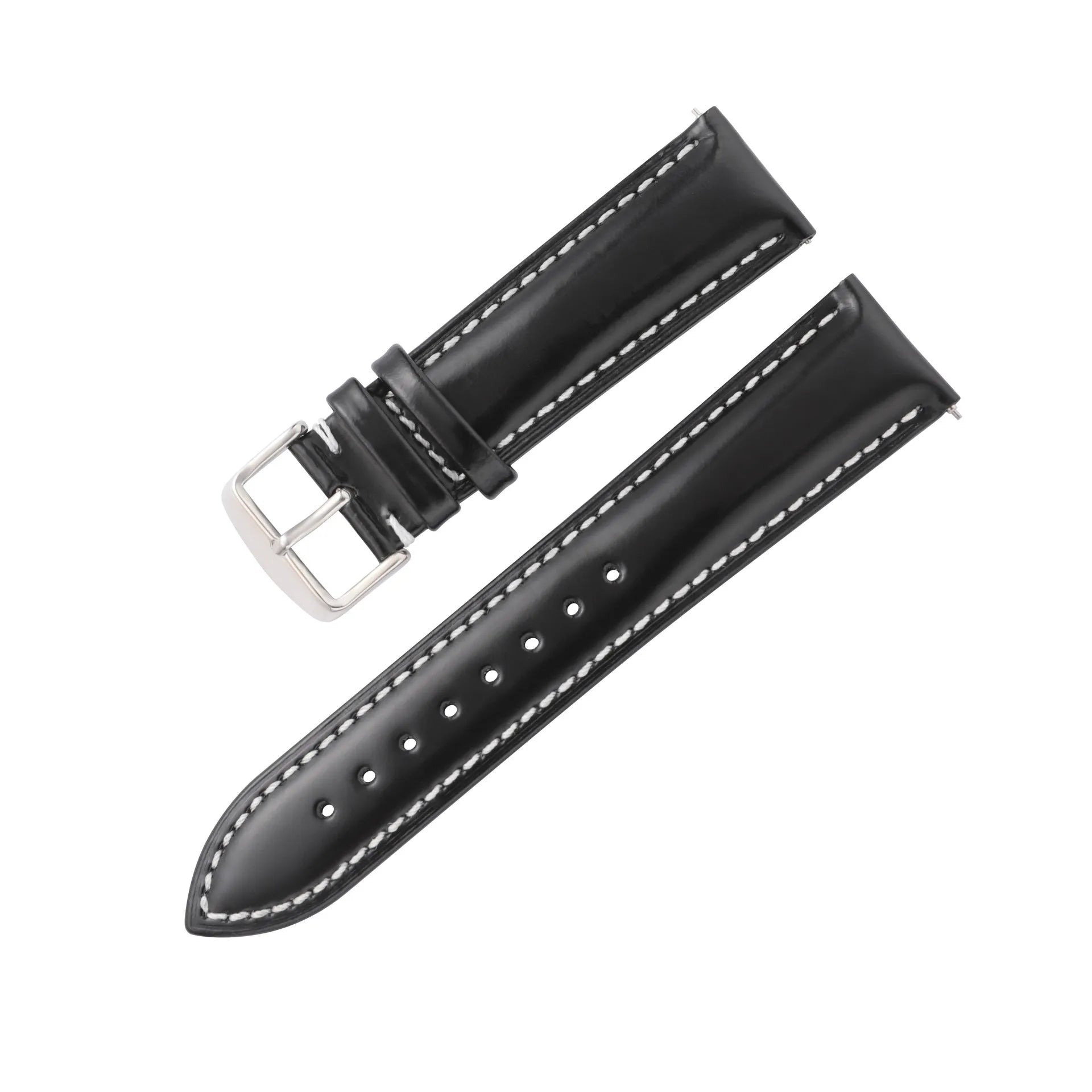 Quick-release cowhide leather watch strap in black with white accent line, showing the spring bar mechanism.