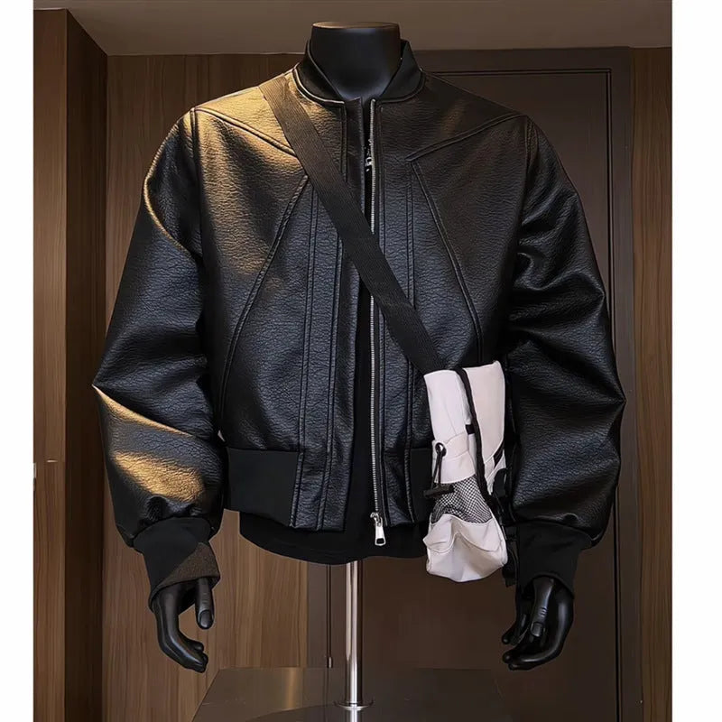Men's black PU leather jacket with extended 100cm length in tight-fit light business style