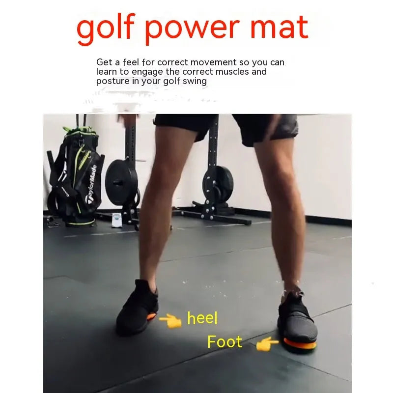 Orange golf strength training mat with centre of gravity pad for swing practice