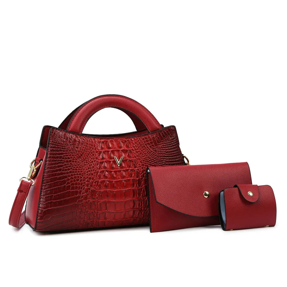 Women's crocodile pattern PU crossbody handbag showing interior compartments and colour options