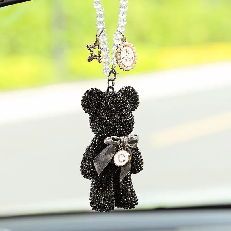 Violent Bear character car rearview mirror pendant with diamond-embedded rhinestones.