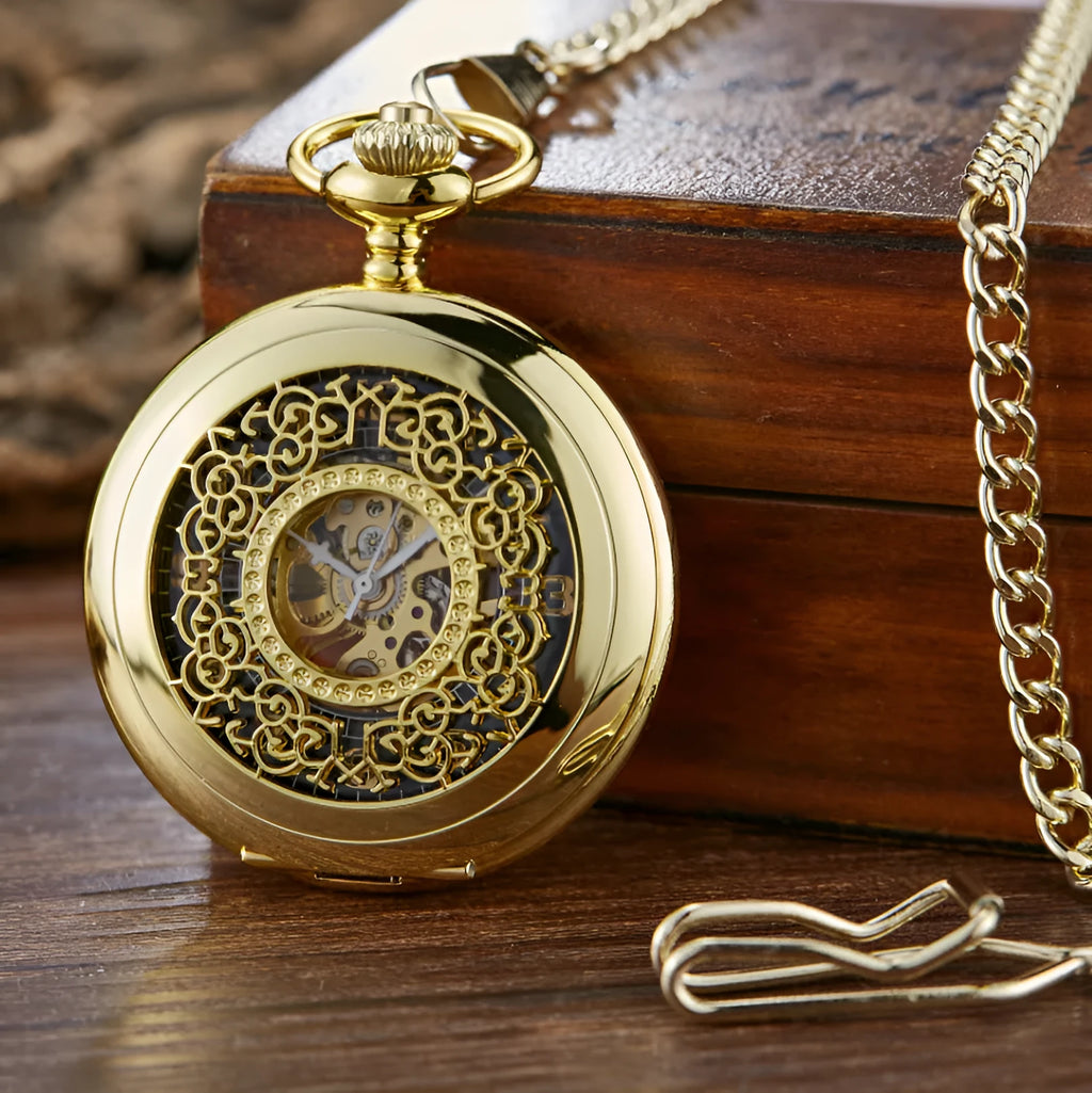 Retro floral print automatic mechanical pocket watch with transparent case back on alloy strap.