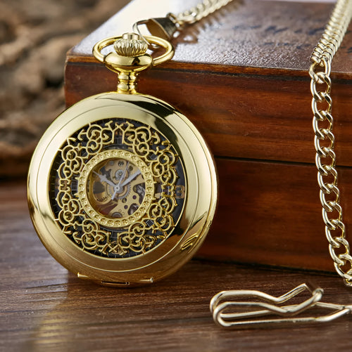 Retro floral print automatic mechanical pocket watch with transparent case back on alloy strap.