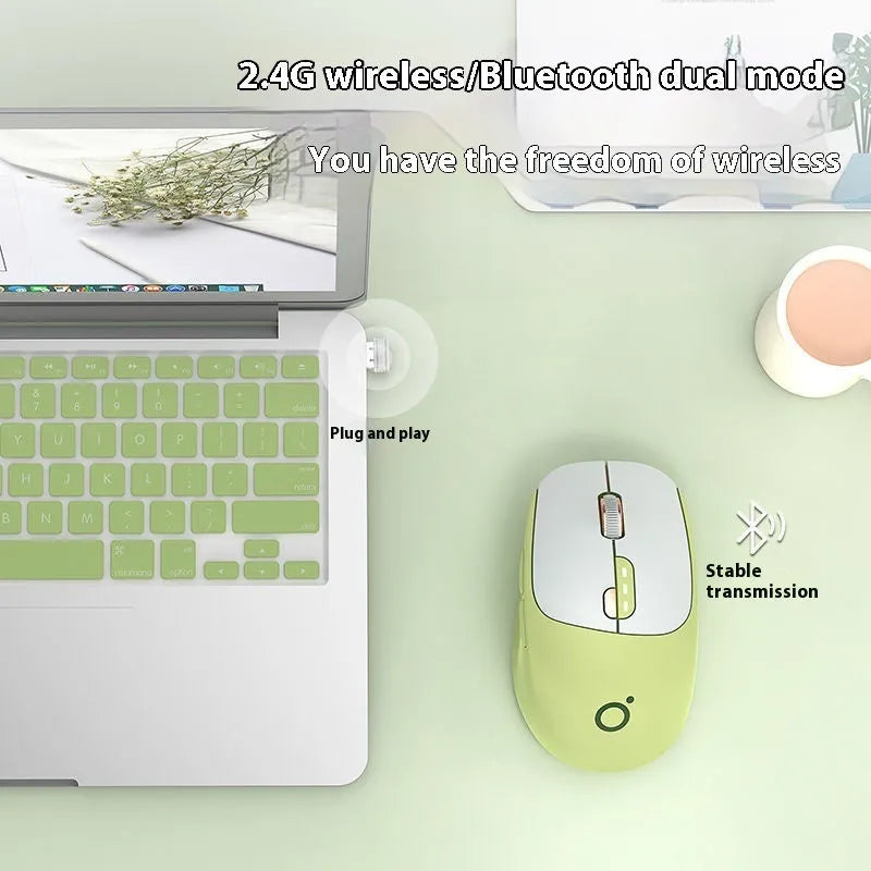 Mute wireless Bluetooth mouse in Matcha Green colour with five-button layout on office desk