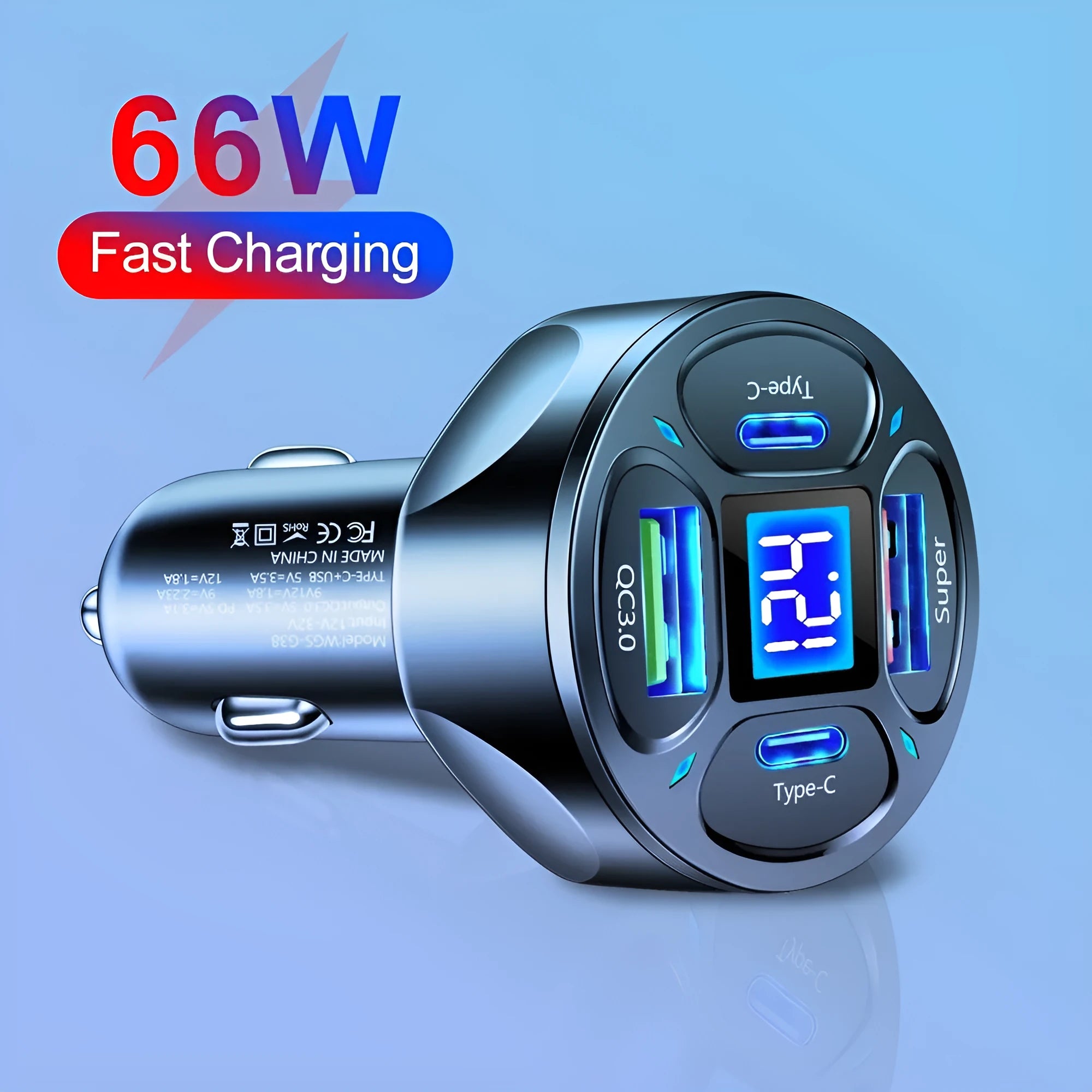 66W car charger with digital display showing dual USB and dual Type-C ports
