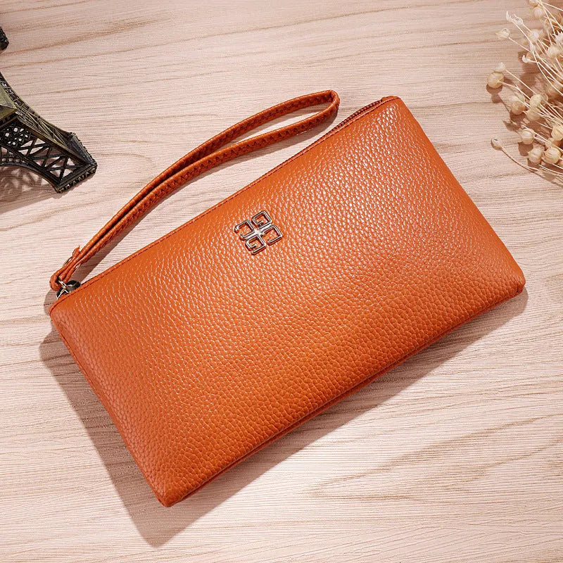55-inch long PU leather phone wallet zipper handbag in solid colour with sewing line detailing