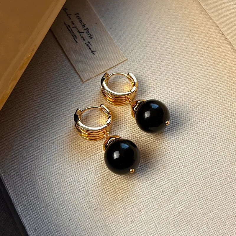 Maillard tigereye geometric earrings with real gold plating in French retro style