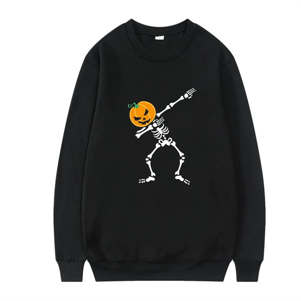 Women's black printed crew neck long sleeve casual top on a hanger