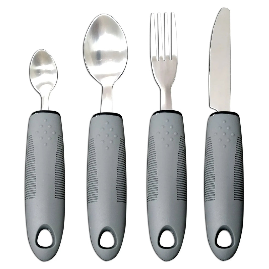 Stainless steel adaptive eating utensils with rubber anti-shake handles for elderly dining assistance