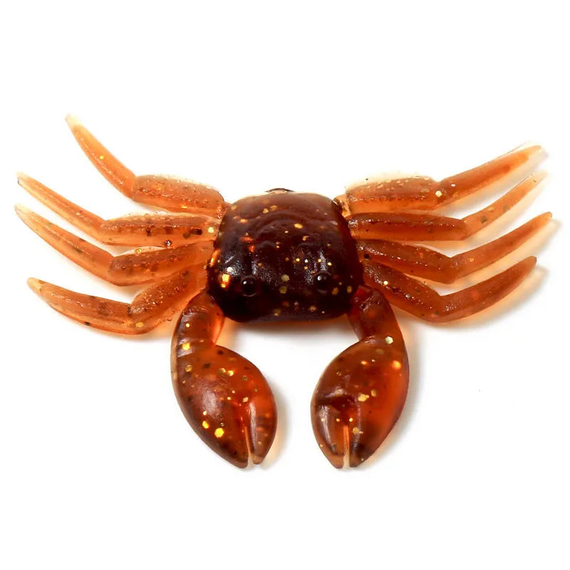 PVC soft crab fishing lure measuring 8cm in brown and red colour variations