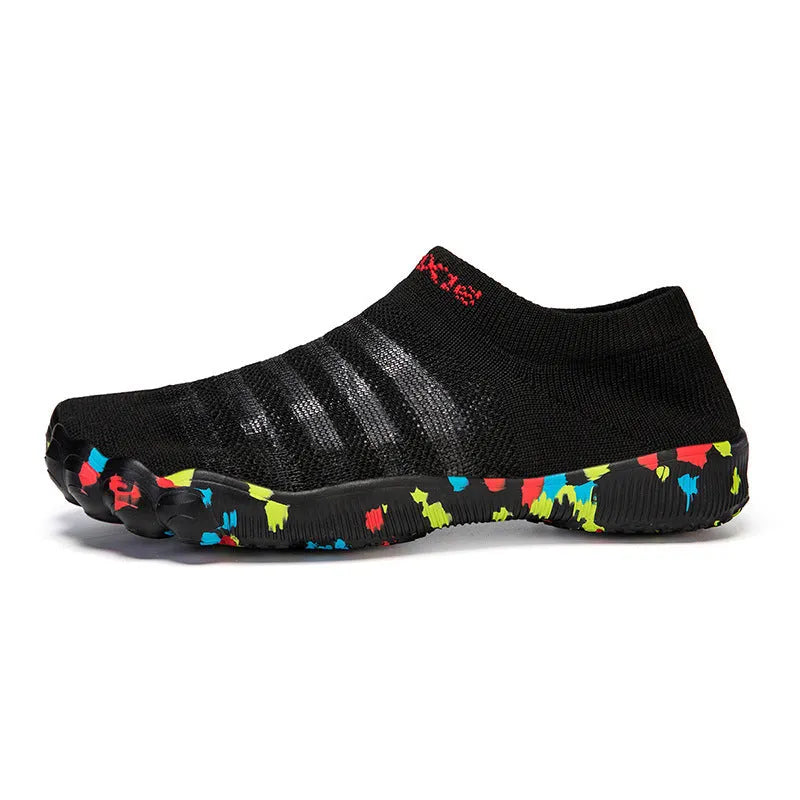 Men's camouflage water shoes with Flyknit upper and rubber sole, shown in lace-up style.