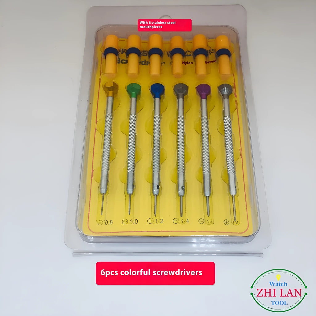 Six colour-coded aluminium handle screwdrivers with copper grips for watch and precision repair work.