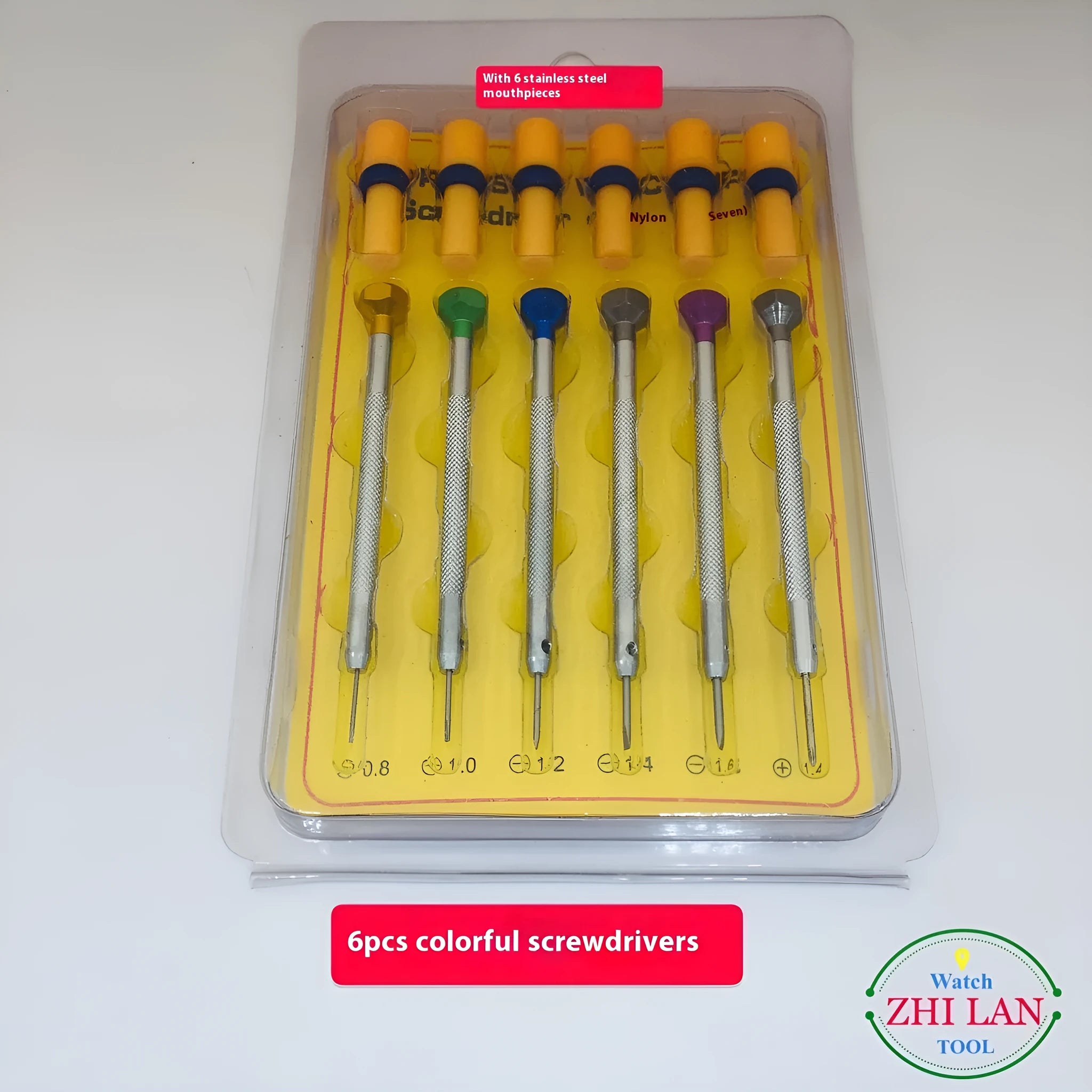 Six colour-coded aluminium handle screwdrivers with copper grips for watch and precision repair work.