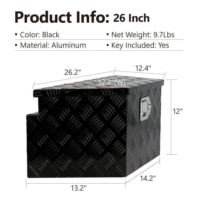 Black 26-inch aluminium alloy toolbox with T-casting construction and organiser compartments.