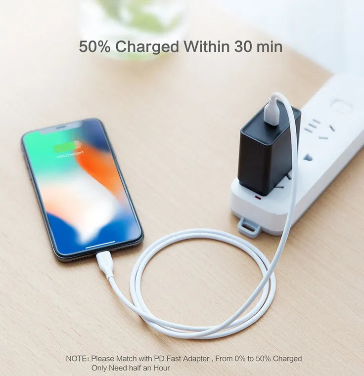 White braided USB-C to Lightning charging cable for iPhone with reinforced connectors