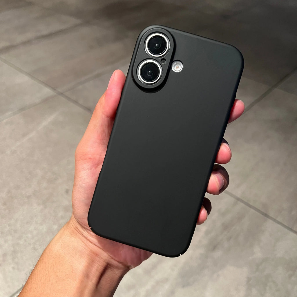 Ultra thin frosted plastic phone case for iPhone 15 Pro Max in black showing camera cutout